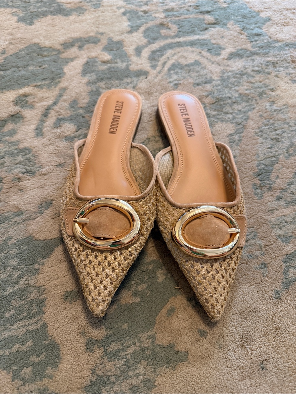 Steve Madden Tan Woven Pointed Mules with Gold Oval Buckle